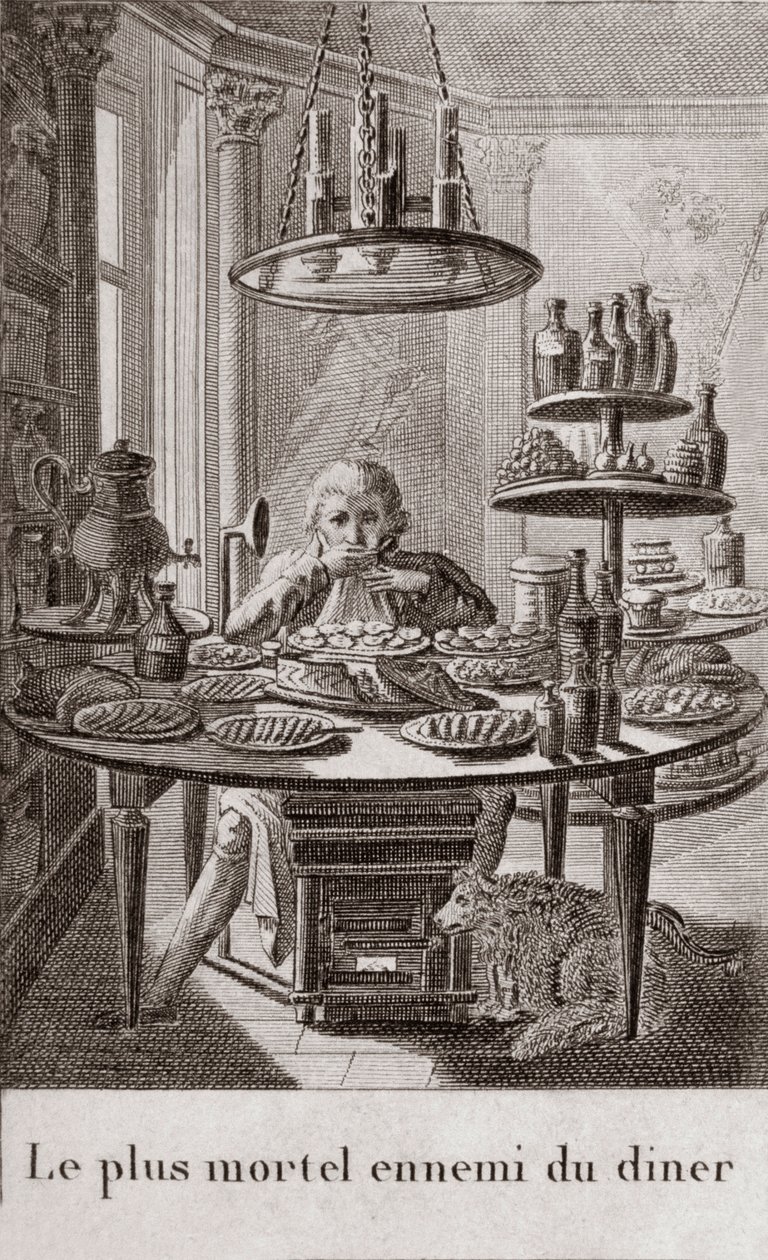 Der tödlichste Feind des Abendessens - Gravur in „Almanach der Feinschmecker, als Leitfaden für die Zubereitung exzellenter Gerichte. Von einem alten Amateur“ von Alexandre Balthazar Laurent Grimod de la Reyniere - 1804-1812 von French School