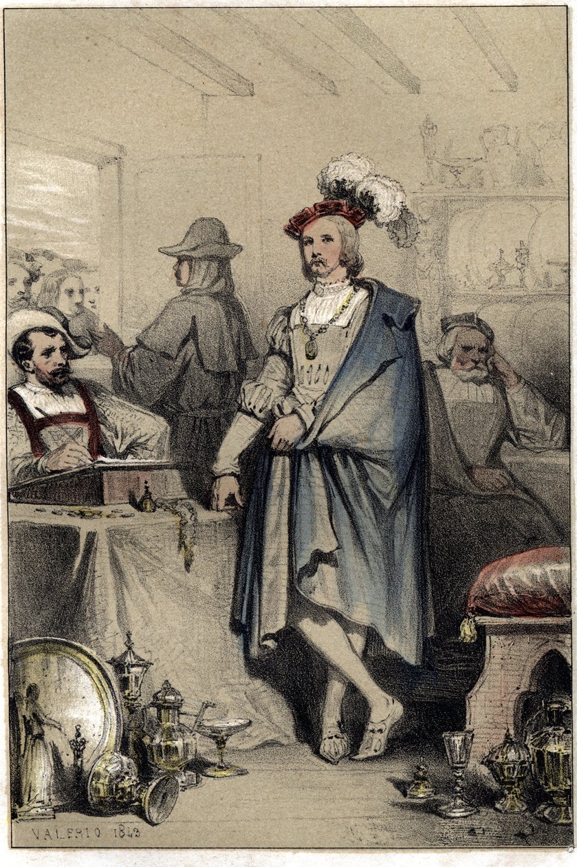 Der Maler Albert (Albrecht) Dürer (1471-1528), Sohn von Josef Dürer, einem Goldschmied aus Nürnberg, der reich geworden ist, kehrt in das Haus seines Vaters zurück und holt alle Werke zurück, die er verkaufen musste. Platte aus „Scenes de la vie des hommes von French School