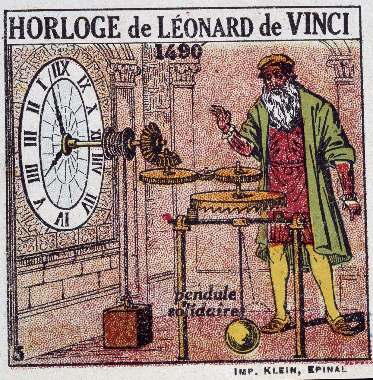 Das Pendeluhrwerk von Leonardo da Vinci (Leonardo da Vinci) (1452 - 1519) (Pendel 1490) - in „Energie“ von Henri Arnould, ed. Quillet, Paris, 20. Jahrhundert von French School