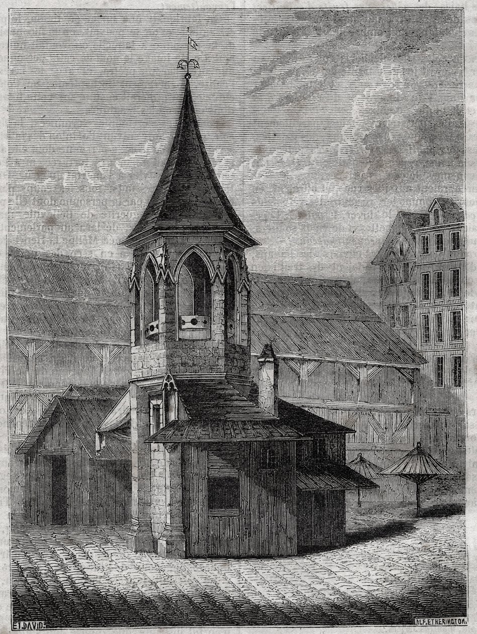 Der Pranger der Halles im 18. Jahrhundert, gebaut auf dem alten Friedhof der Unschuldigen - Gravur in Die physische, zivile und moralische Geschichte von Paris: von den frühesten historischen Zeiten bis zur Gegenwart von Jacques Antoine Dulaure von French School