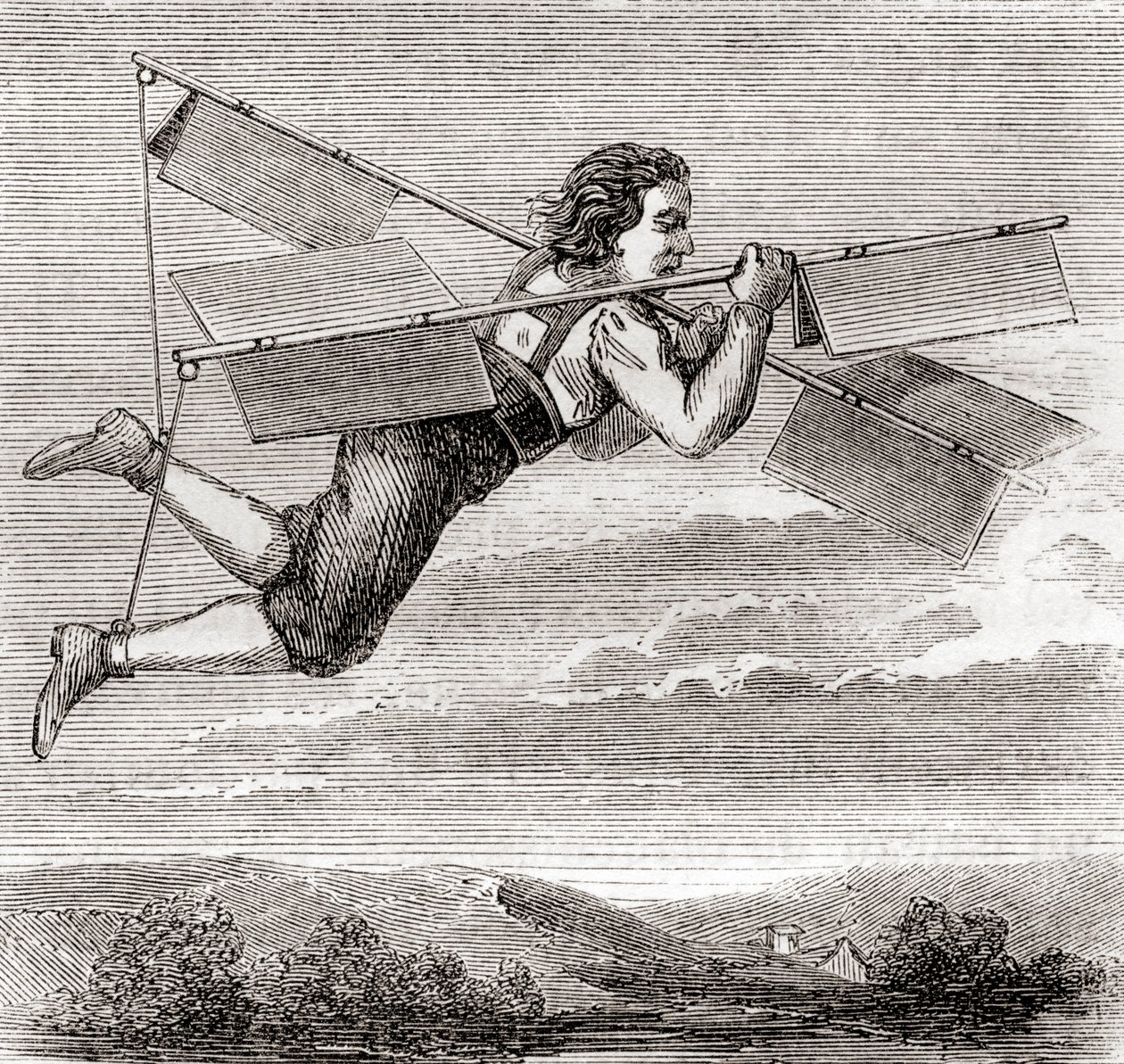 Der angebliche Flug des französischen Schlossers Jacob Besnier mit Hilfe eines selbst entworfenen Flugapparats im Jahr 1678, aus 