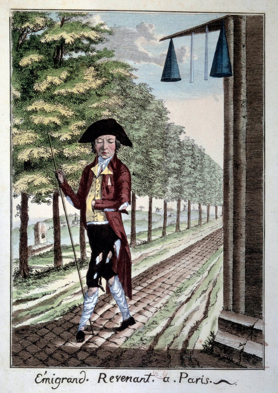 Die Rückkehr eines Emigranten am Ende der Französischen Revolution. Ein Adliger mit zerrissenen Kleidern, der während der Revolution aus der Stadt floh. Gravur des 19. Jahrhunderts. Paris, Musée Carnavalet von French School
