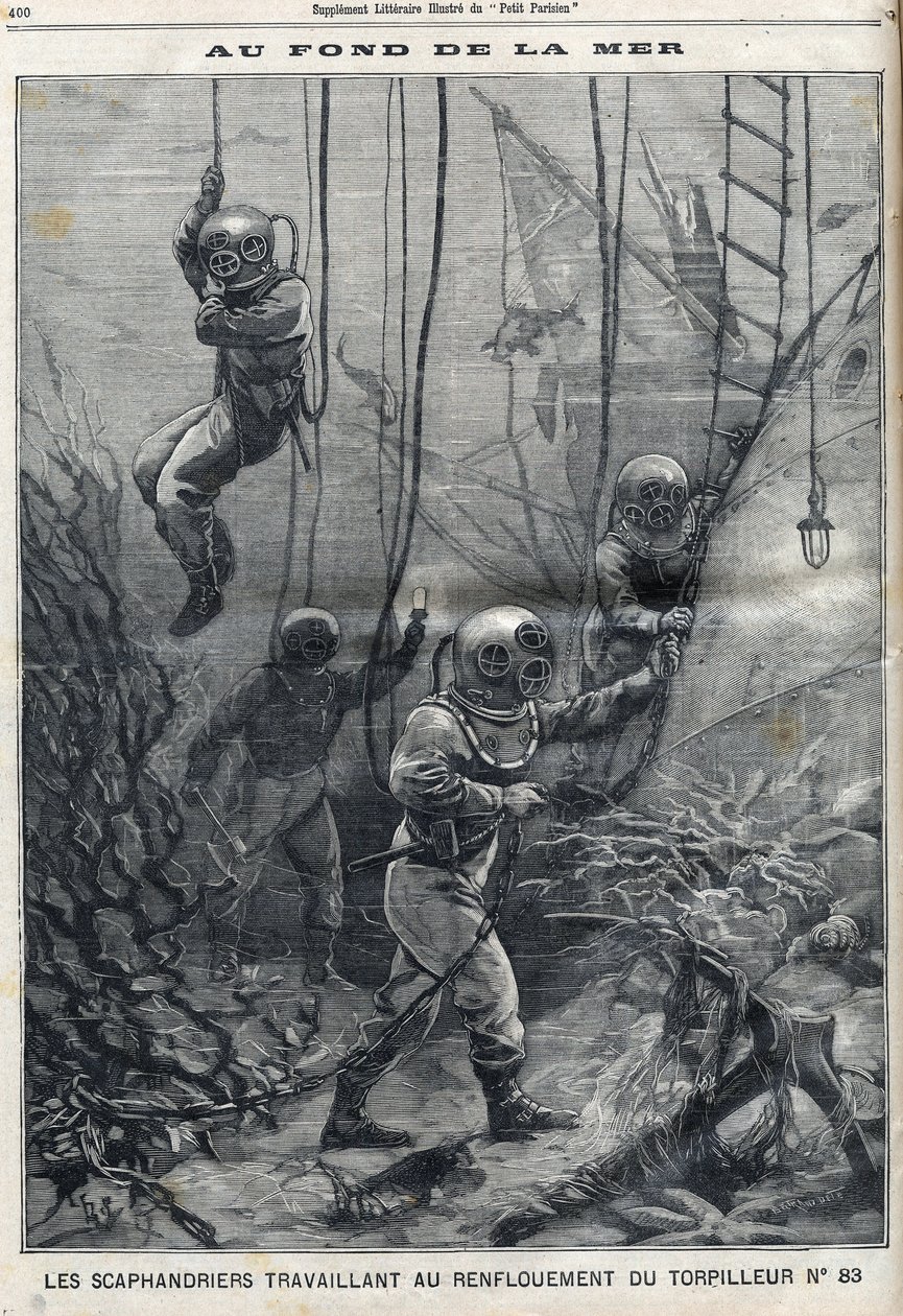 Die Taucher arbeiten an der Bergung des Torpedos 83, der in der Bucht von Douarnenez in Finistère in der Bretagne gesunken war, in "Le Petit Parisien" von French School