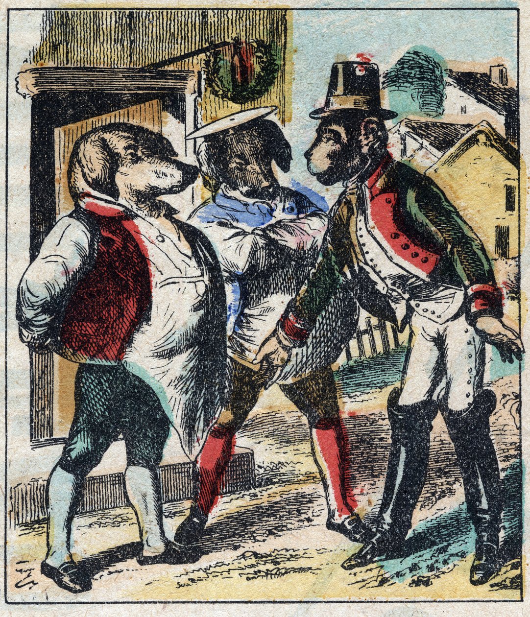 Der kranke Löwe und der Fuchs. Fabeln von Jean de La Fontaine. Epinal-Bildgebung Ende des 19. Jahrhunderts. von French School