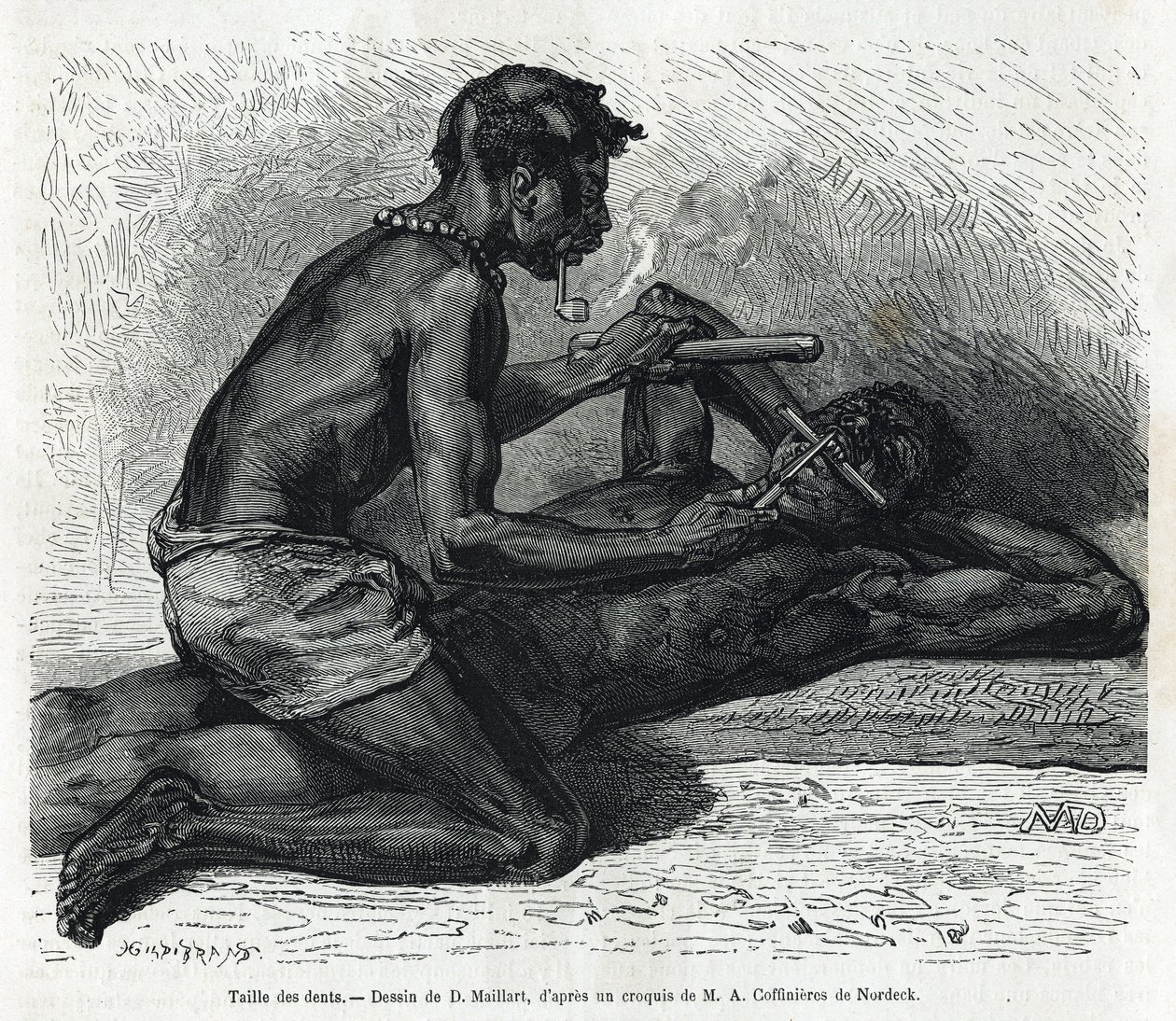 Das Zähnefeilen in Okanda, Zeichnung von D. Maillard, zur Illustration der Geschichte einer Reise nach Gabun und zum Ogoue-Fluss in den Jahren 1875-1877, von Alfred Marche. Gravur in Le tour du monde von French School