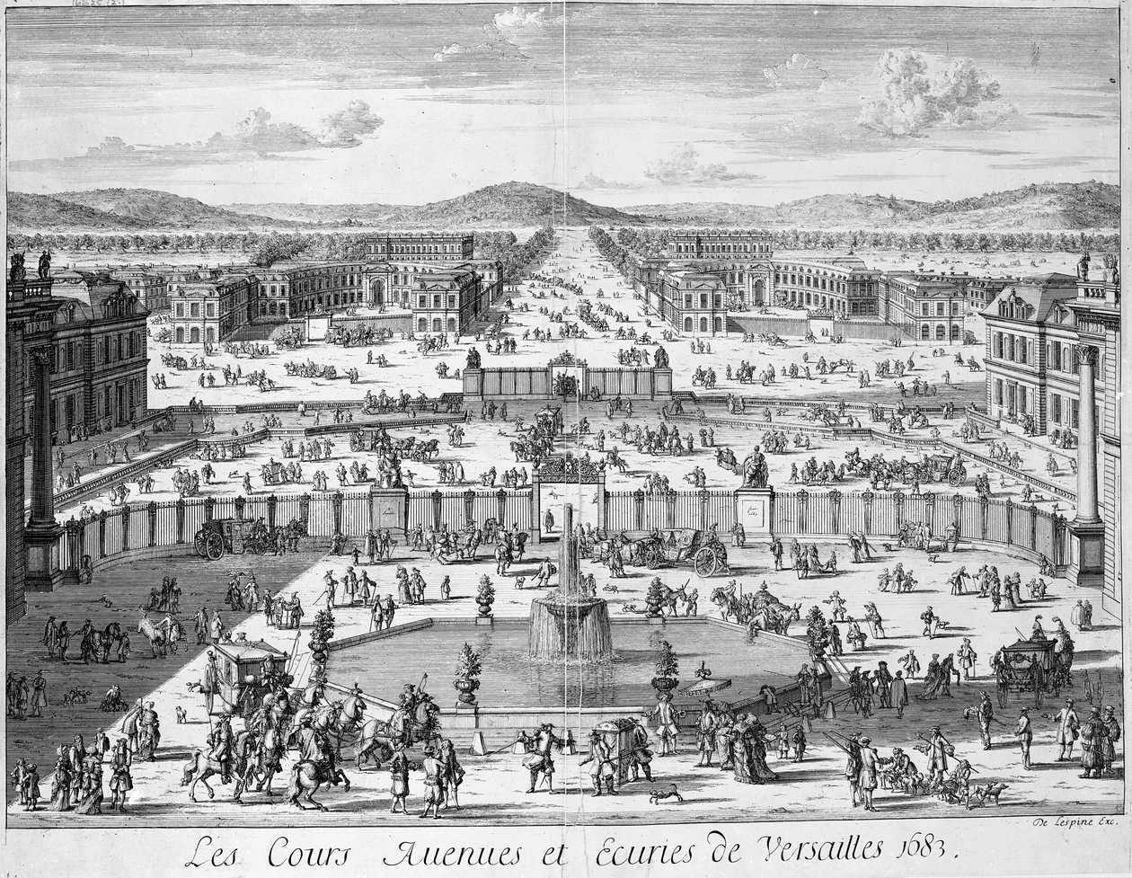 Die Ställe und Tore von Versailles vom Palast aus gesehen, 1683 von French School