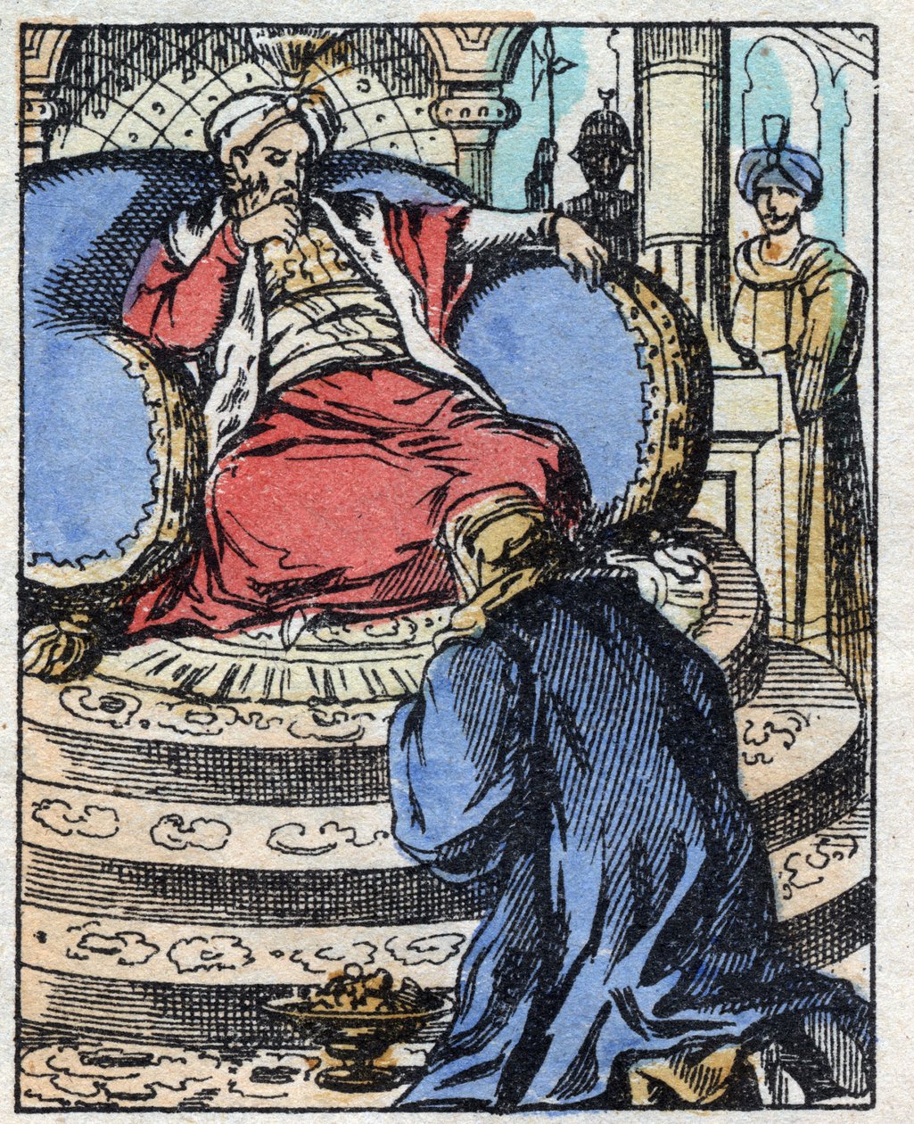 Der Sultan ist erstaunt über die Diamanten, die Aladin ihm anbietet, um um die Hand seiner Tochter anzuhalten. Stich aus dem Märchen „Aladin und die Wunderlampe“ aus Tausendundeine Nacht. Epinal-Bild, Ende des 19. Jahrhunderts. Private Sammlung. von French School