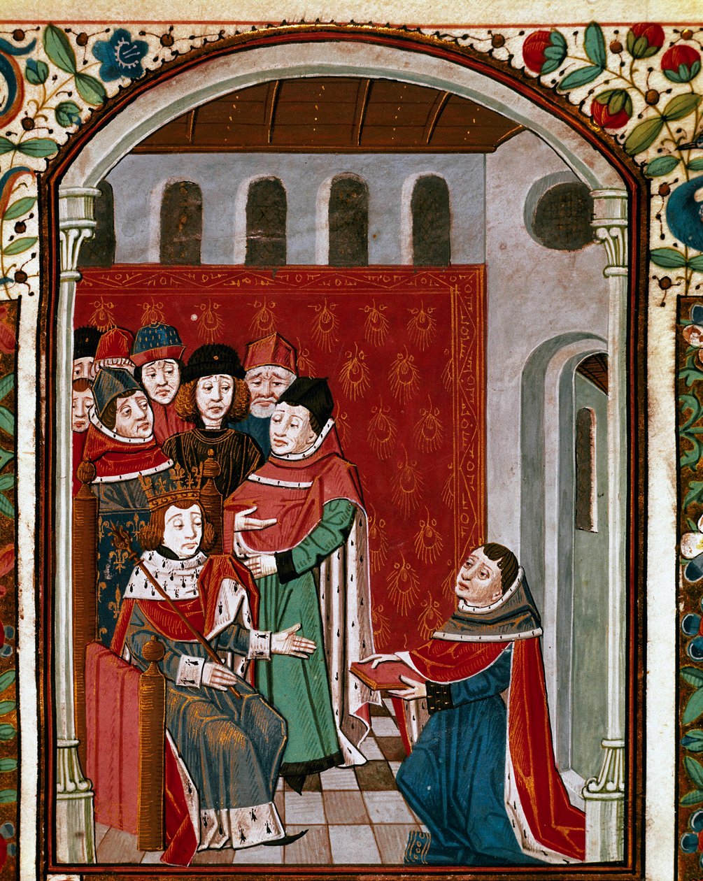 Der Übersetzer Jean de Meung (oder Clopinel oder Chopinel) (1240-1305) überreicht sein Werk König Philipp IV. dem Schönen (1268-1314). Miniatur aus „De Consolatione Philosophiae“ von Boethius (475-520), übersetzt von Jean de Meung von French School