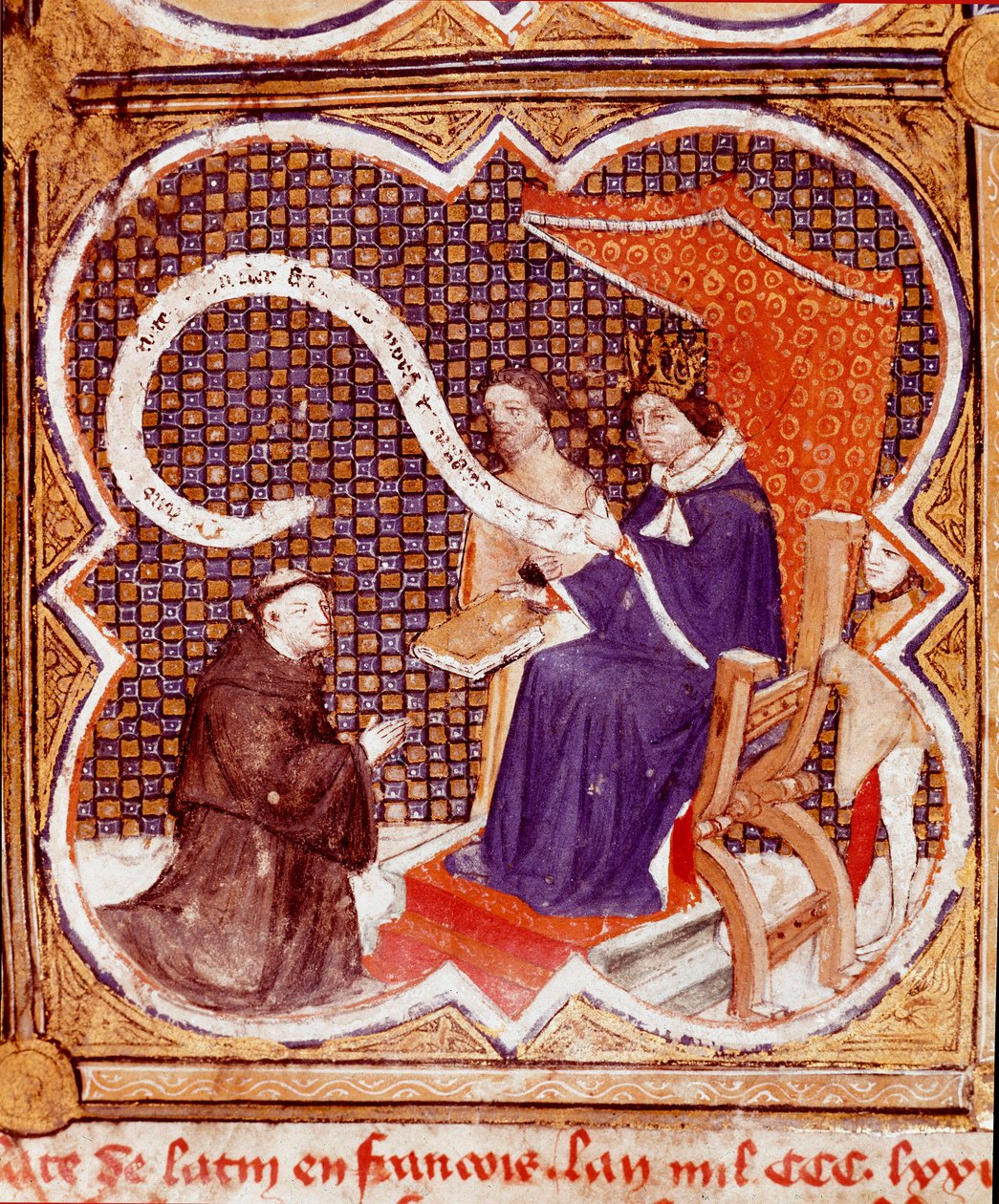 Der Übersetzer überreicht sein Buch König Karl V. (1338-1380). Miniatur aus 