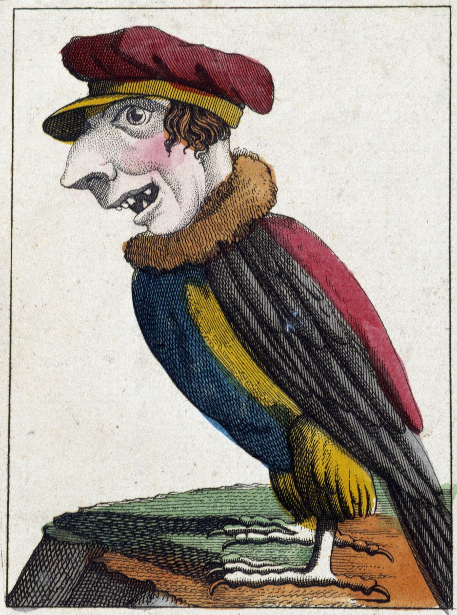 Der Geier in Karikatur, Charakterstudie „flüchtiger Charakter“ 19. Jahrhundert, populäre Bildsprache von French School