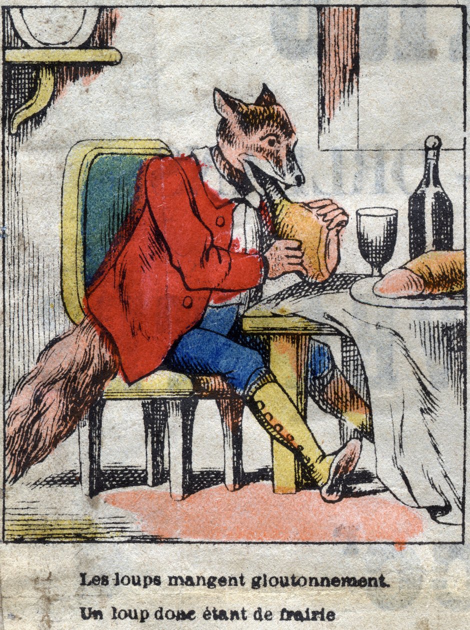 Der Wolf und der Storch. Fabeln von Jean de La Fontaine (1621-95). Epinal-Bild vom Ende des 19. Jahrhunderts von French School
