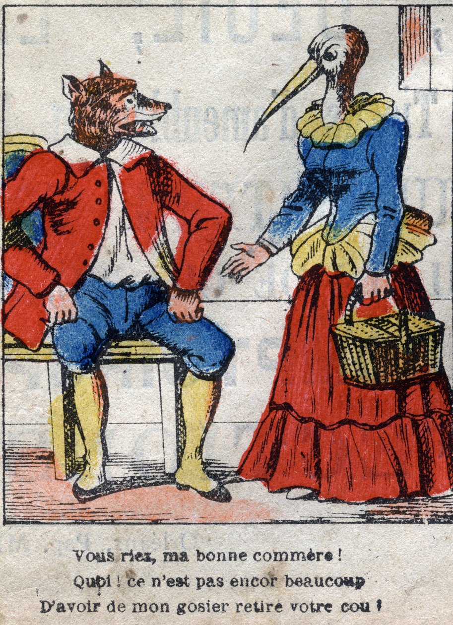 Der Wolf und der Storch. Fabeln von Jean de La Fontaine. Epinal-Bildgebung Ende des 19. Jahrhunderts. von French School