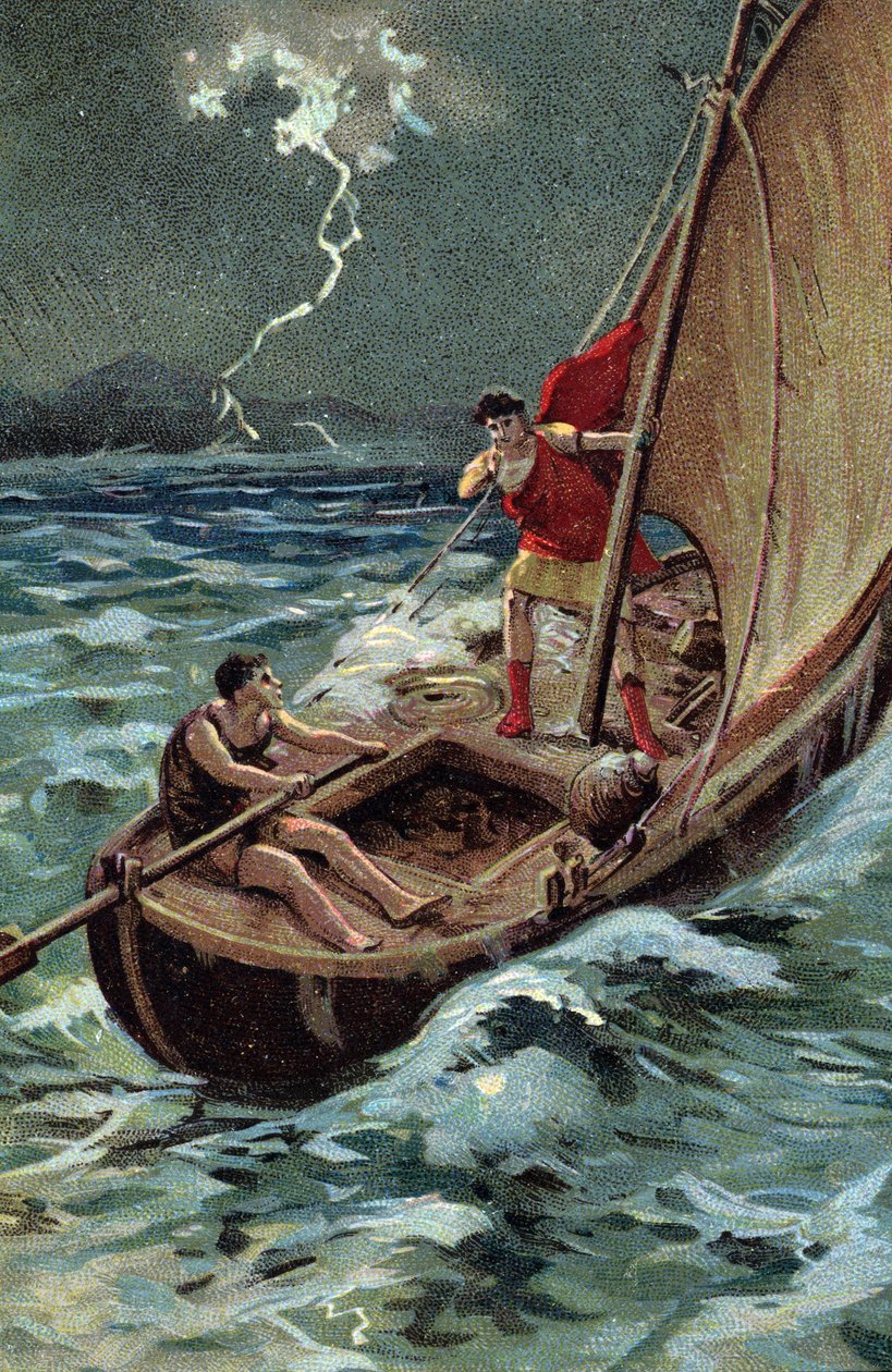 Der junge Julius Caesar (100-44 v. Chr.) überquert die Adria, um sich Dalmatien anzuschließen, und schreitet trotz des Sturms mutig voran, vertrauend auf seinen guten Stern und sein Schicksal von French School