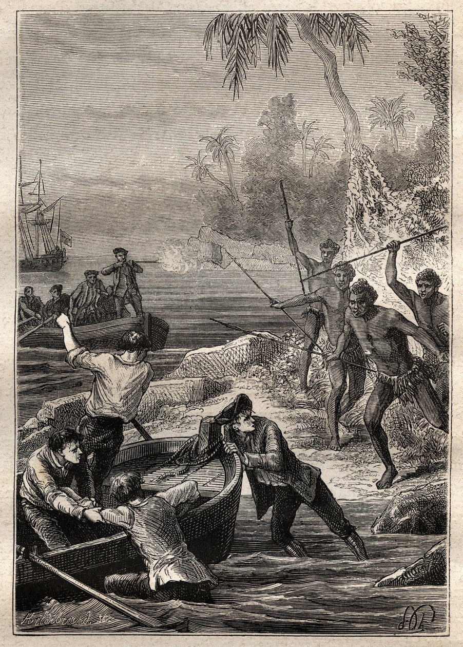 Diese waren so nah...: Kapitän James Cooks Reise (1728-1779) nach Neuseeland im Jahr 1769 - die Eingeborenen von Neuseeland greifen Cooks Mannschaft bei ihrer Annäherung an die Küste an - Illustration aus „Die großen Seefahrer des 18. Jahrhunderts“ von French School
