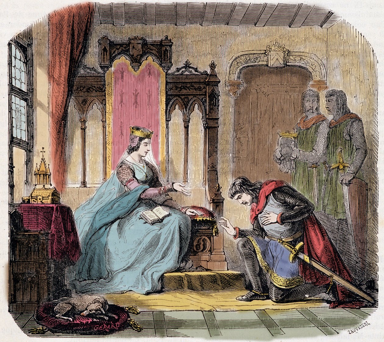 Thibault IV. von Champagne (1201-1253) (auch bekannt als Thibault I. von Navarra), kam zu Füßen der Königin Blanche von Kastilien, um sie vor der Gefahr zu warnen, der sie ausgesetzt war - in „Paris a travers les siècles“ von de Genouillac von French School