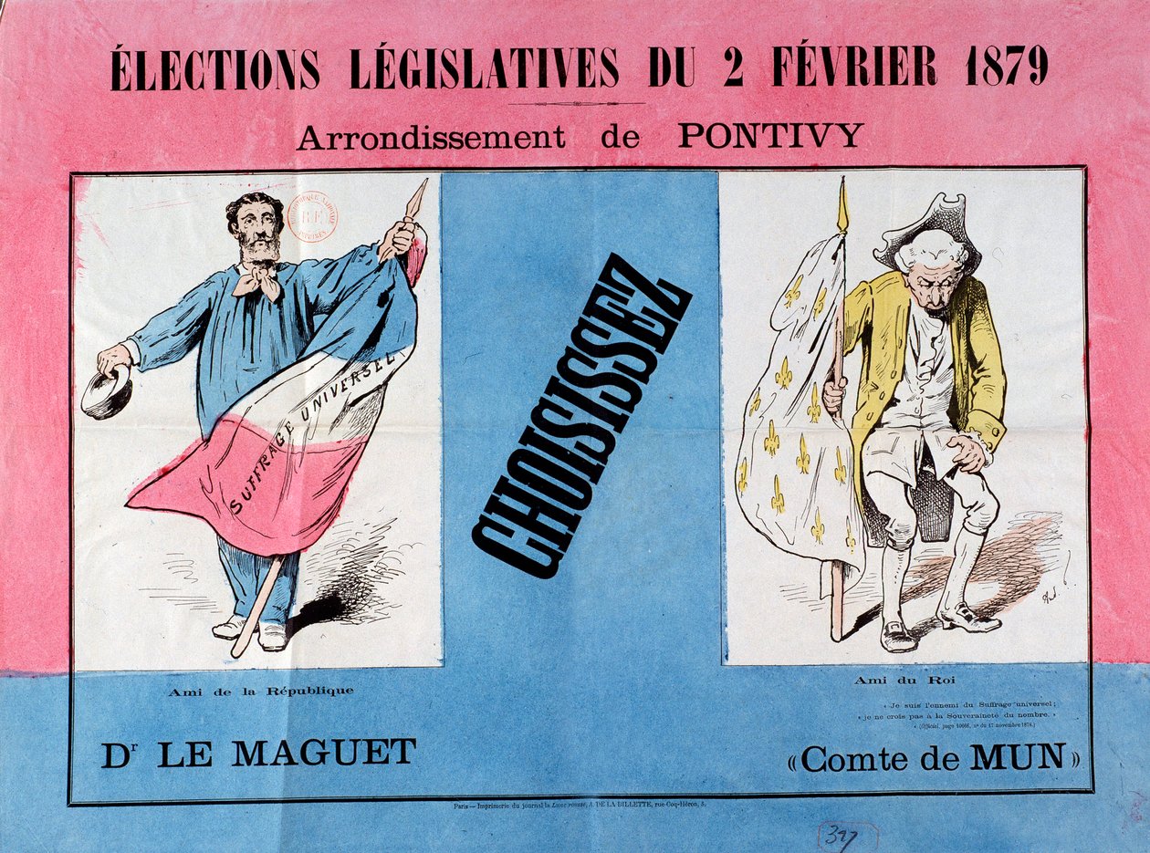 Dritte Republik: Plakat für die Parlamentswahlen vom 2. Februar 1879 in der Gemeinde Pontivy (Morbihan) von French School
