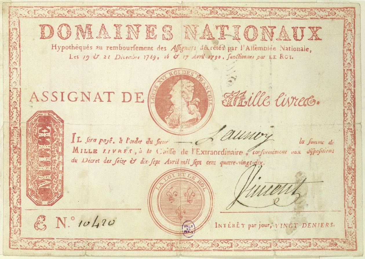 Tausend-Livre-Banknote mit einem Bild von Ludwig XVI. (1754-93), 1790 von French School