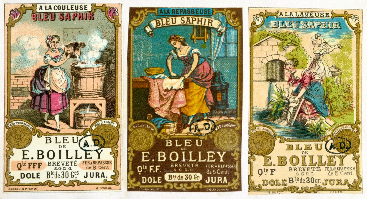 Drei Etiketten für die Marke Bleu de E. Boilley Waschpulver, 1878 von French School