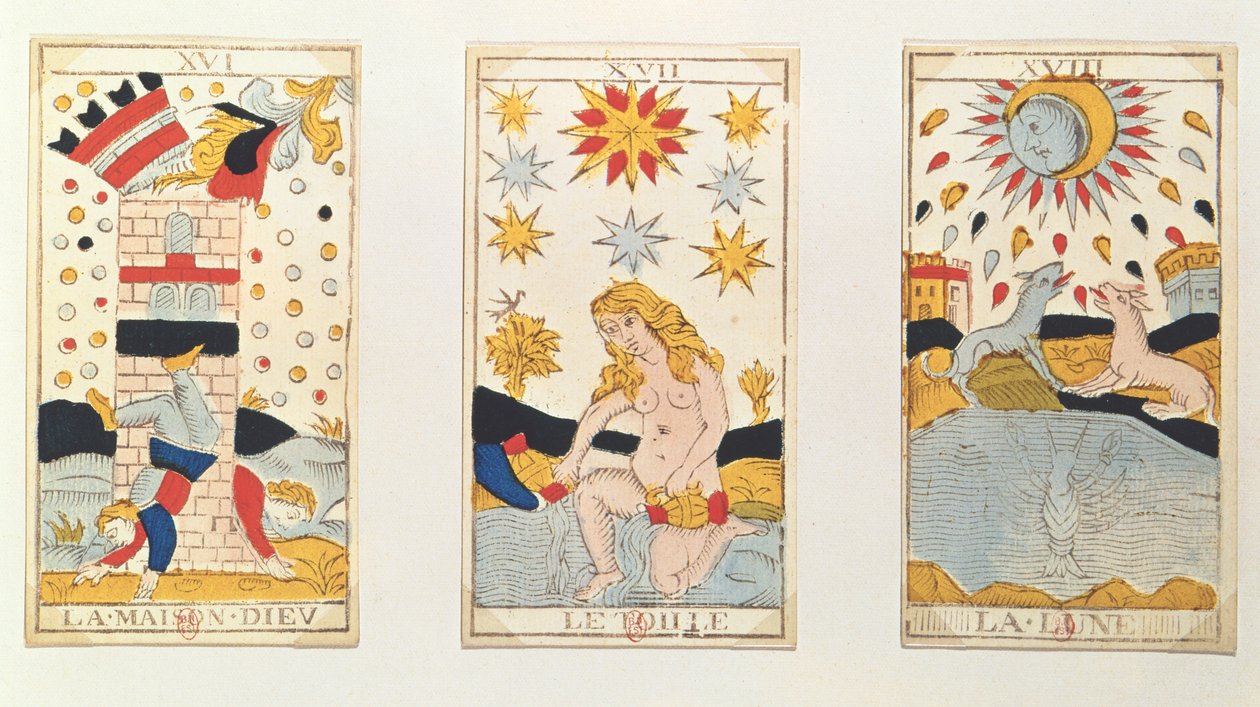 Drei Tarotkarten, die Der Turm, Der Stern und Der Mond darstellen (farbiger Holzstich) von French School
