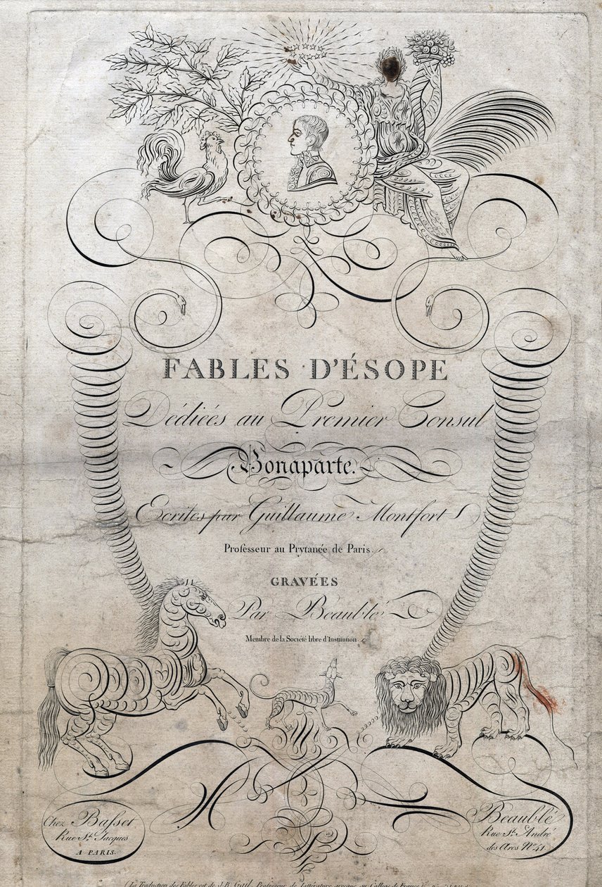 Titelseite von „Fabeln von Äsop“. (Griechischer Schriftsteller Äsop, 6. Jahrhundert v. Chr.) Gewidmet dem ersten Konsul Bonaparte, geschrieben von Guillaume Montfort und graviert von Beauble im Jahr 1801. von French School