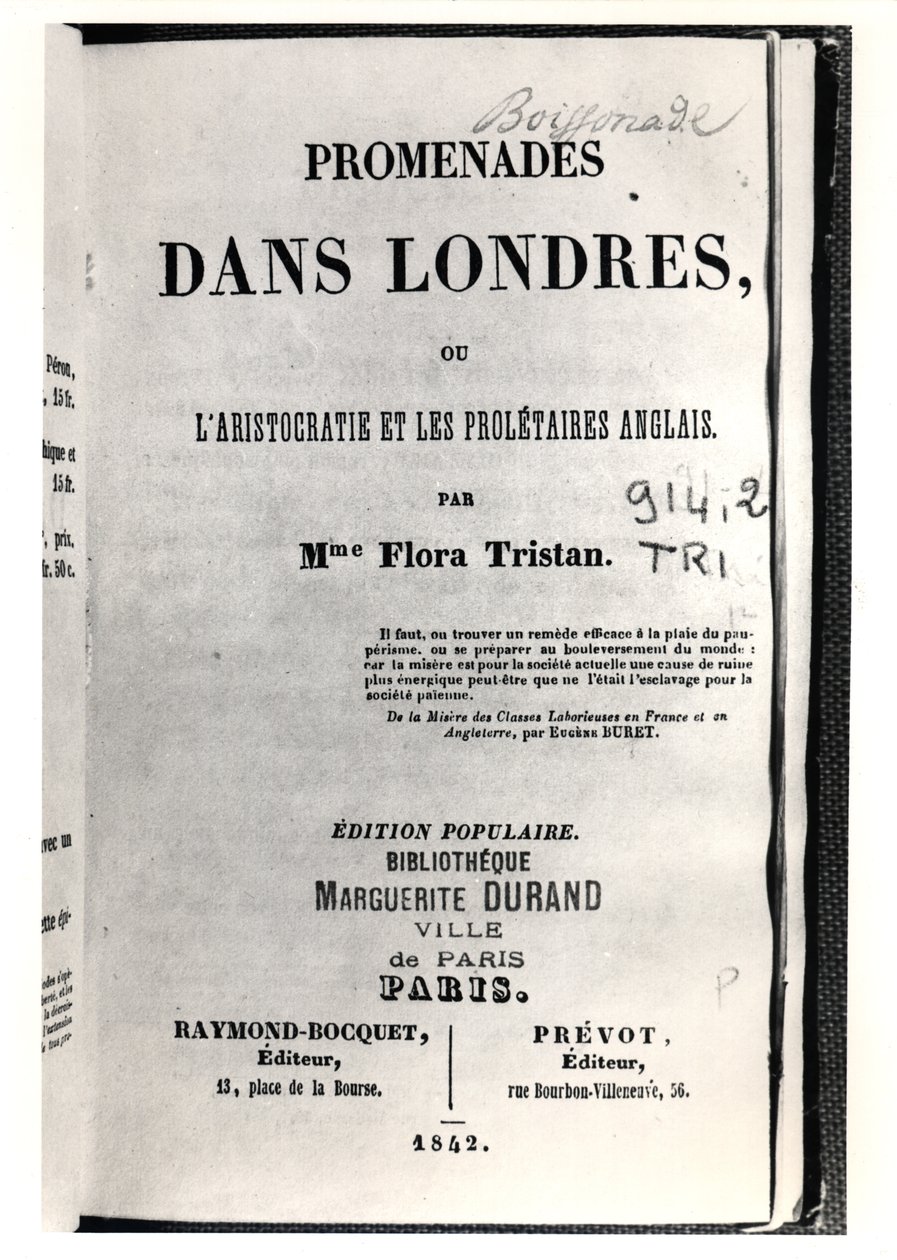 Titelblatt von Promenades dans Londres von Flora Tristan (1803-44), veröffentlicht in Paris von Raymond-Bocquet et Prevot, 1842 von French School