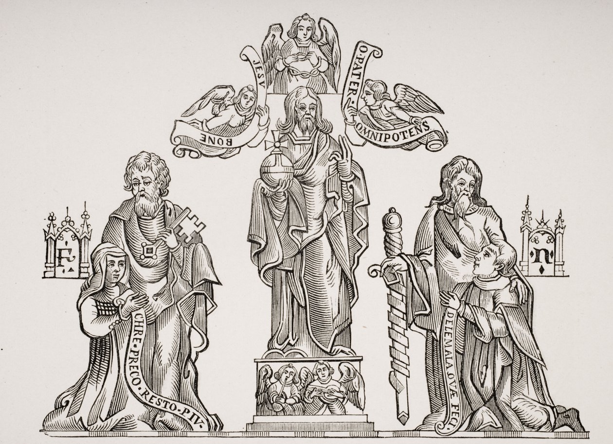Grabdekoration, die Nicholas Flamel (ca. 1330-ca. 1418) und seine Frau Pernelle darstellt, nach Dekorationen auf dem Friedhof der Unschuldigen, Paris, aus Le Moyen Age et La Renaissance von Paul Lacroix (1806-84) von French School