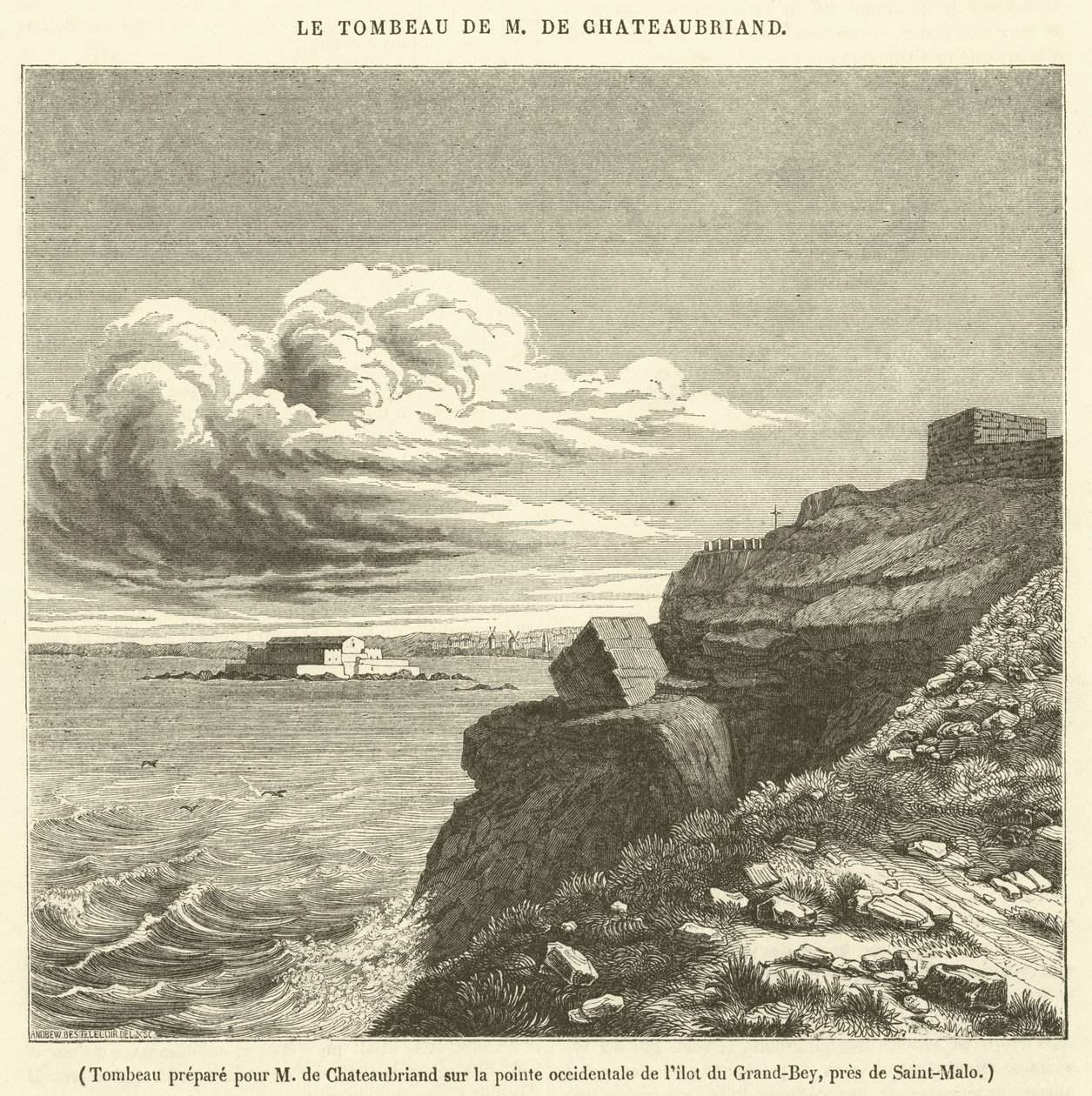 Grabmal für M. de Chateaubriand auf der westlichen Spitze der Insel Grand-Bey, nahe Saint-Malo (Gravur) von French School