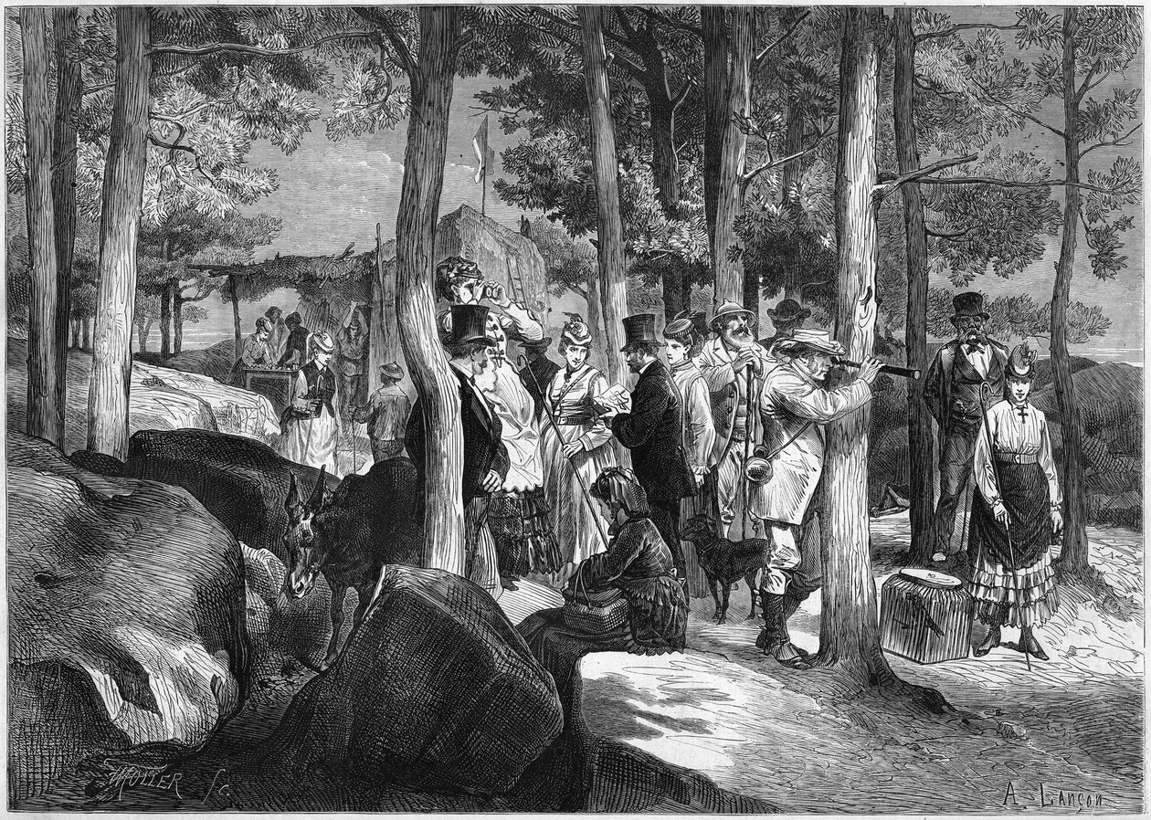 Touristen in den Schluchten von Apremont, nahe dem Eingang der Höhle, im Wald von Fontainebleau von French School