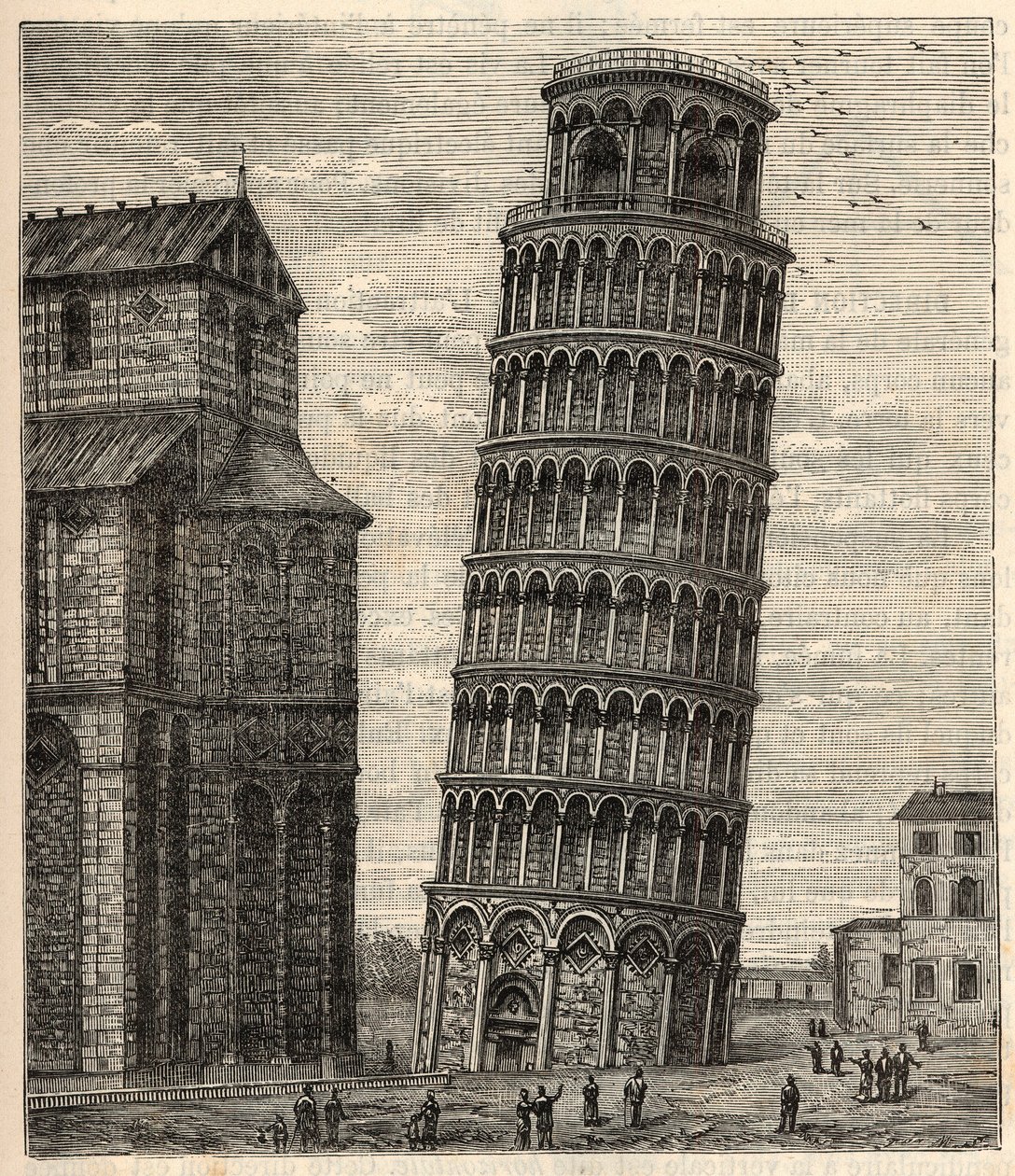 Turm von Pisa - Torre di Pisa - Tour de Pisa - Gravur in „Wissenschaften für alle - Populäre Physik und Chemie“ von Alexis Clerc - Ende 19. Jahrhundert - Private Sammlung von French School
