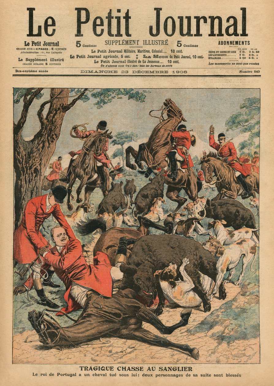 Tragische Wildschweinjagd, das Pferd von Carlos I., König von Portugal, wird unter ihm getötet, Titelillustration aus 