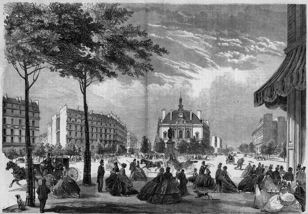 Transformationen von Paris unter dem Zweiten Kaiserreich, Paris Haussmann: das neue Rathaus des XI. Arrondissements in Paris. (Man sieht den Boulevard Voltaire und die Avenue Parmentier). Gravur von 1865. von French School