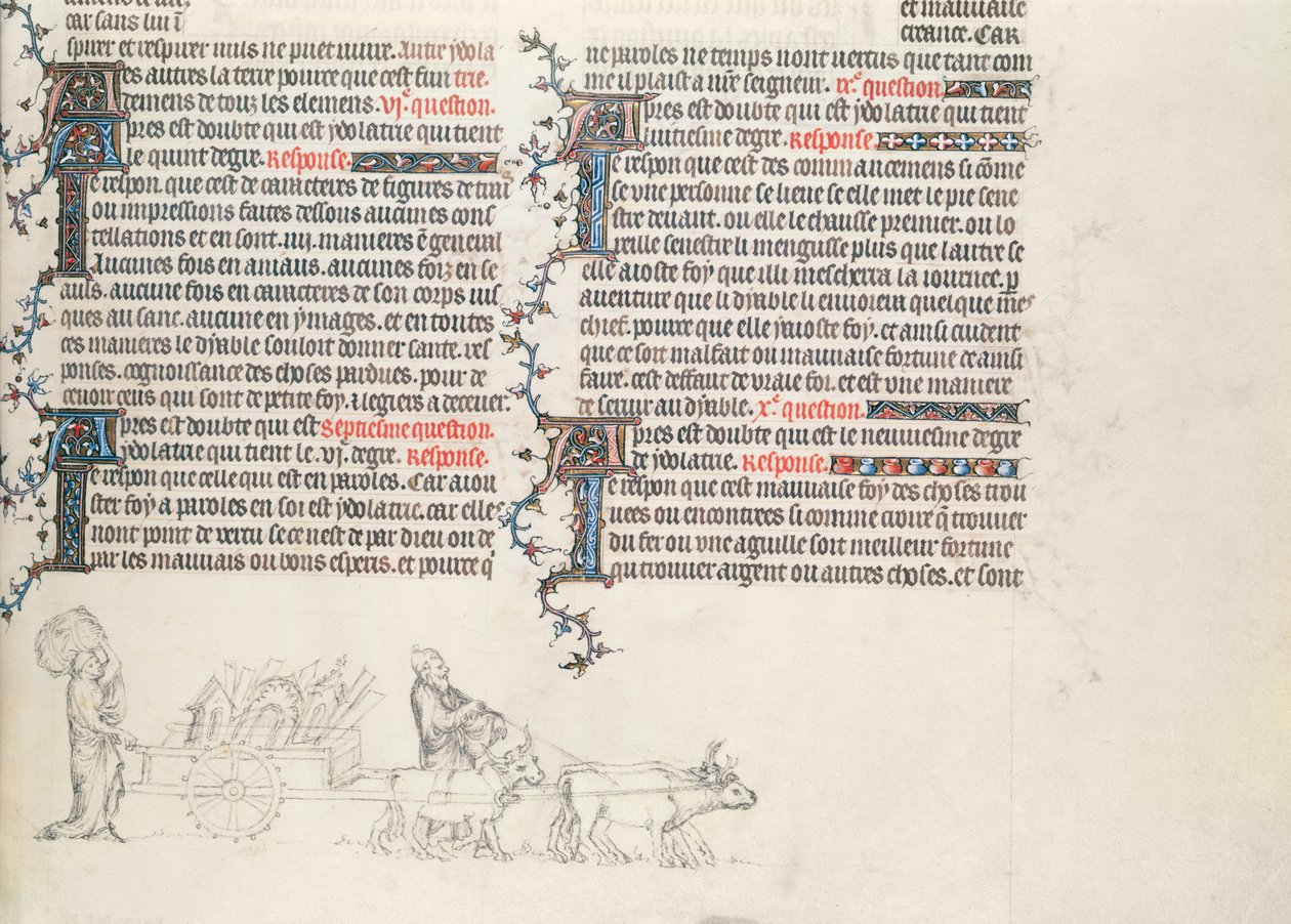 Transport von Habseligkeiten in einem von Ochsen gezogenen Wagen, unvollendete Miniatur aus der Bibel von Jean de Sy, ca. 1355 von French School
