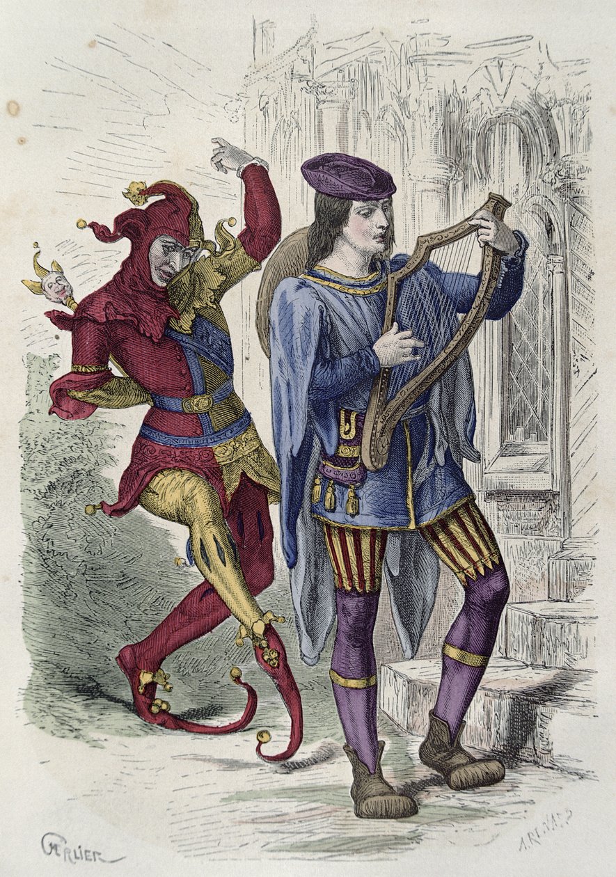 Reisender Musiker und Hofnarr beim Tanzen (Farbstich) von French School