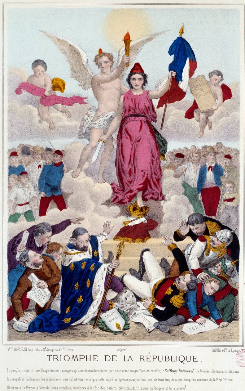 Triumph der Republik, Gravur von 1875. Allegorie über das allgemeine Wahlrecht, das die Feinde der Republik zerstört: „[...] Aber Frankreich ist vor ihrer Verschwörung geschützt, schreitet an der Spitze der zivilisierten Nationen auf dem Weg des Fortschrit von French School