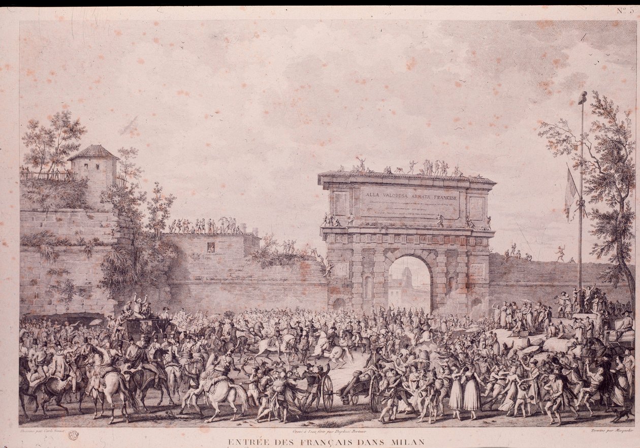 Triumphaler Einzug der französischen Truppen unter Napoleon Bonaparte in Mailand, 15. Mai von French School