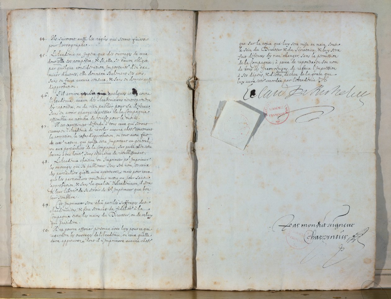 Zwei Seiten aus den Statuten der Französischen Akademie, 1635 von French School
