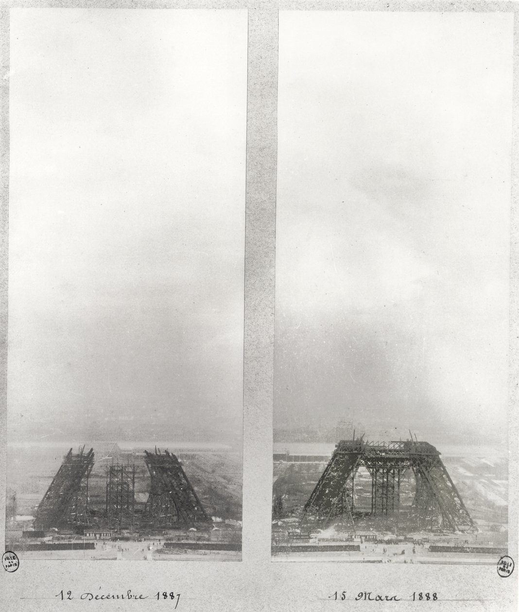 Zwei Ansichten des Baus des Eiffelturms, Paris, 12. Dezember 1887 und 15. März 1888 von French School