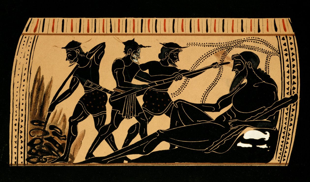 Odysseus und seine Gefährten stechen dem Zyklopen Polyphem das Auge aus, Illustration von einer antiken griechischen Vase, 1887 von French School