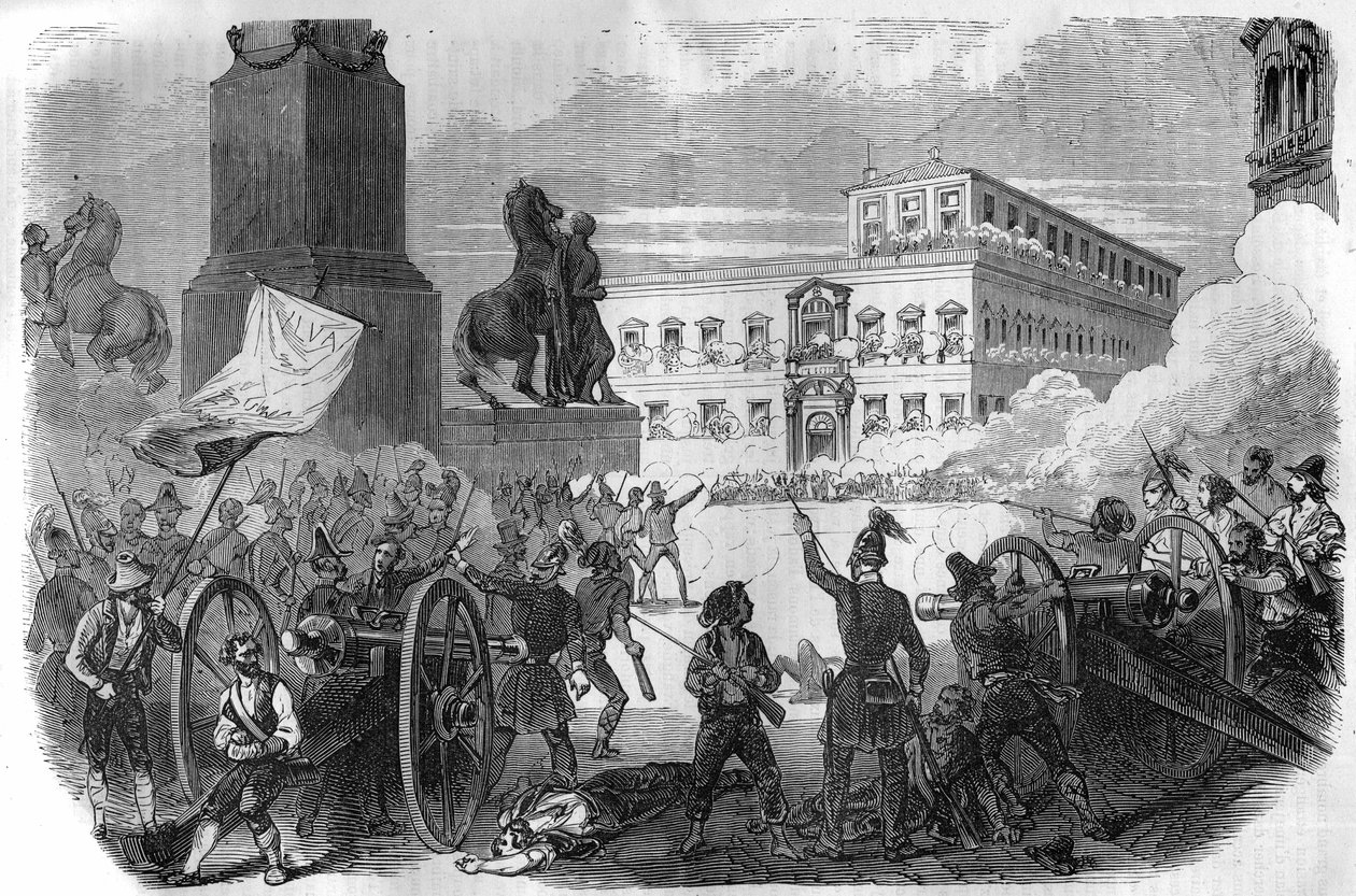 Aufstand in Bologna: Sturz der päpstlichen Regierung unter Gregor XVI., Papst von 1831 bis 1846. Gravur in „Histoire des Papes-Rois-Reines und Kaiser durch die Jahrhunderte“ von Maurice Lachatre von French School
