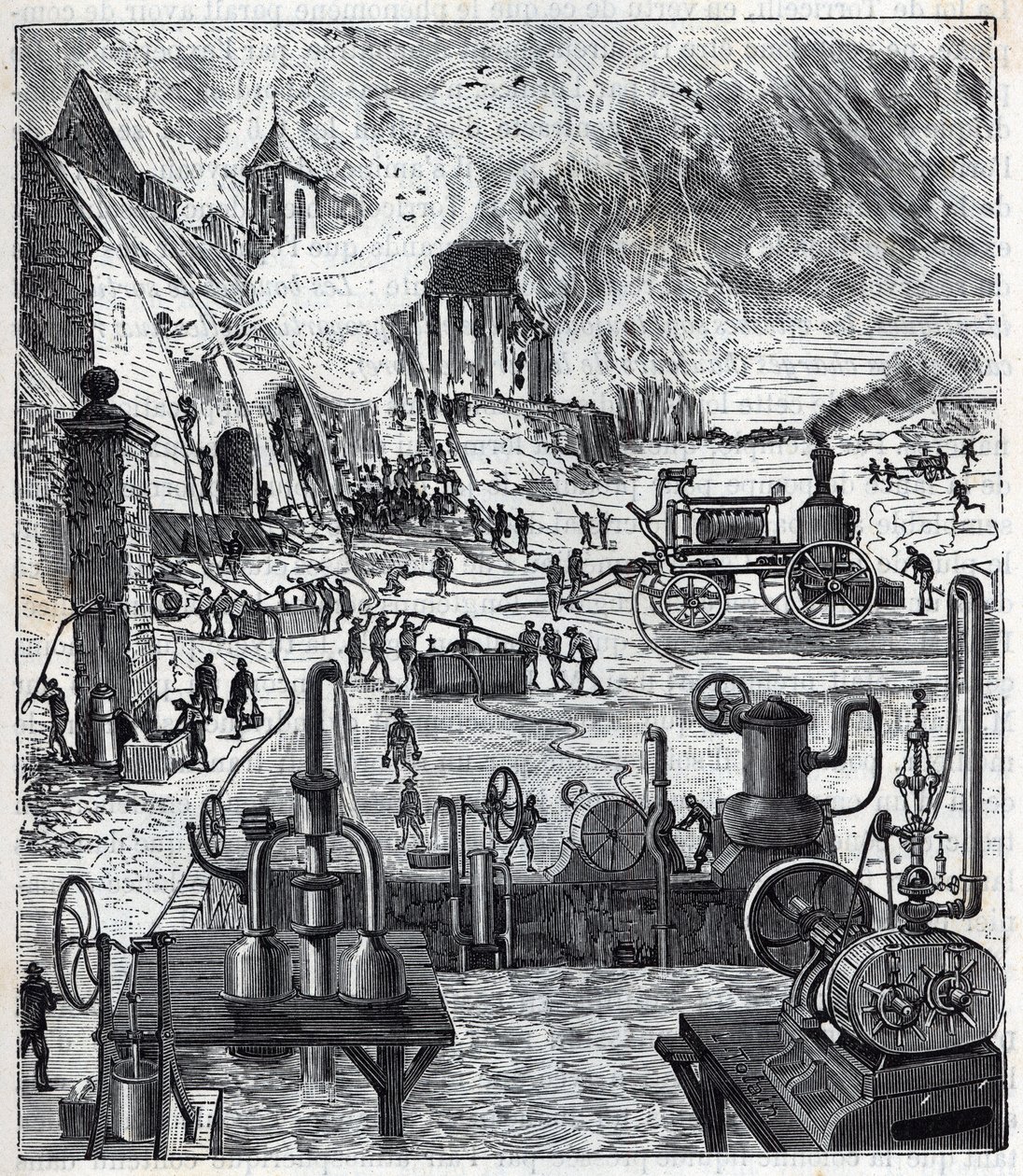 Verwendung verschiedener Pumpsysteme bei einem Brand im 19. Jahrhundert - Gravur in „Sciences mises à la portée de tous - Physik und Chemie“ von Alexis Clerc - Ende des 19. Jahrhunderts von French School