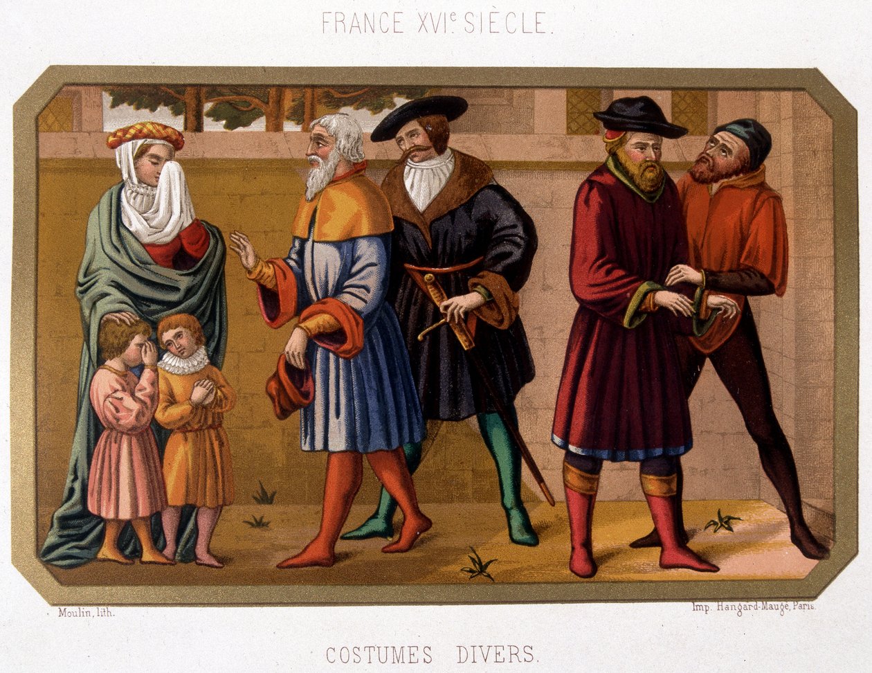 Verschiedene Kostüme des Bürgertums im 16. Jahrhundert - Chromo. 19. Jahrhundert nach zeitgenössischem Dokument von French School