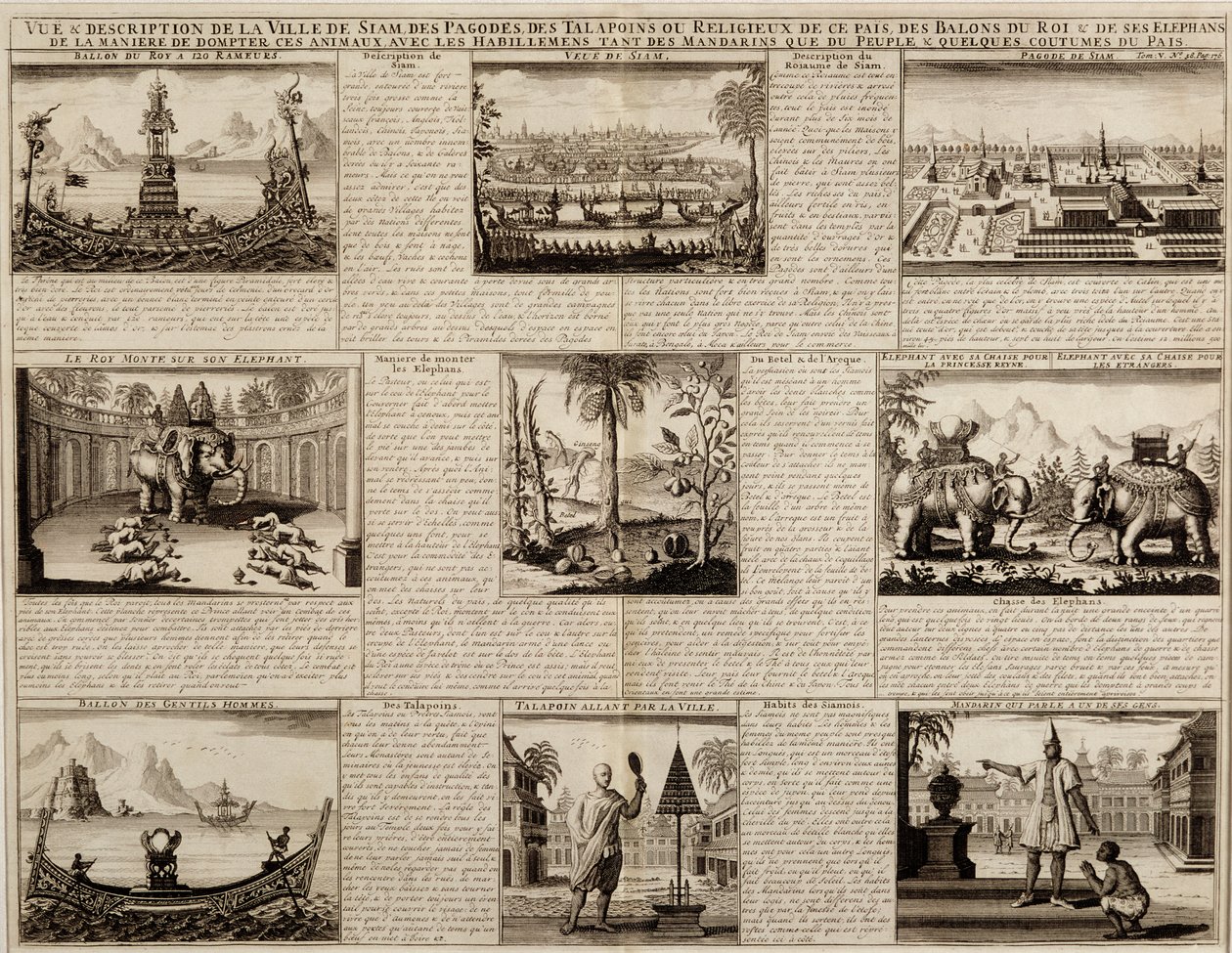 Verschiedene Ansichten von Siam und Ayutthaya, aus Du Royaume de Siam von Simon de la Loubere, veröffentlicht 1688 von French School