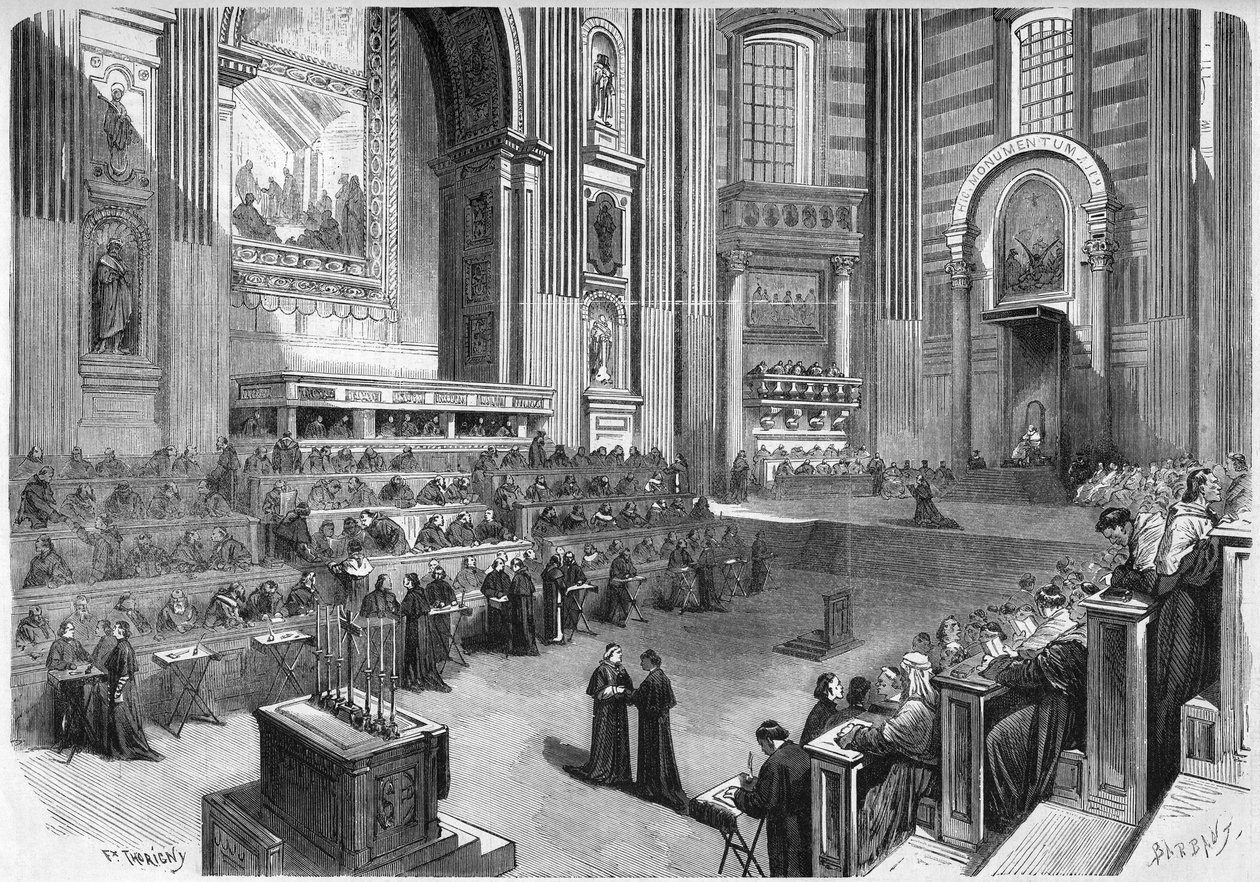 Erstes Vatikanisches Konzil (1869-1870): Erste Sitzung am 9. Dezember 1869 im rechten Teil des Querschiffs der Peterskirche in Rom. Gravur in „Le Monde Illustré“ Nr. 663 vom 25. Dezember 1869. von French School
