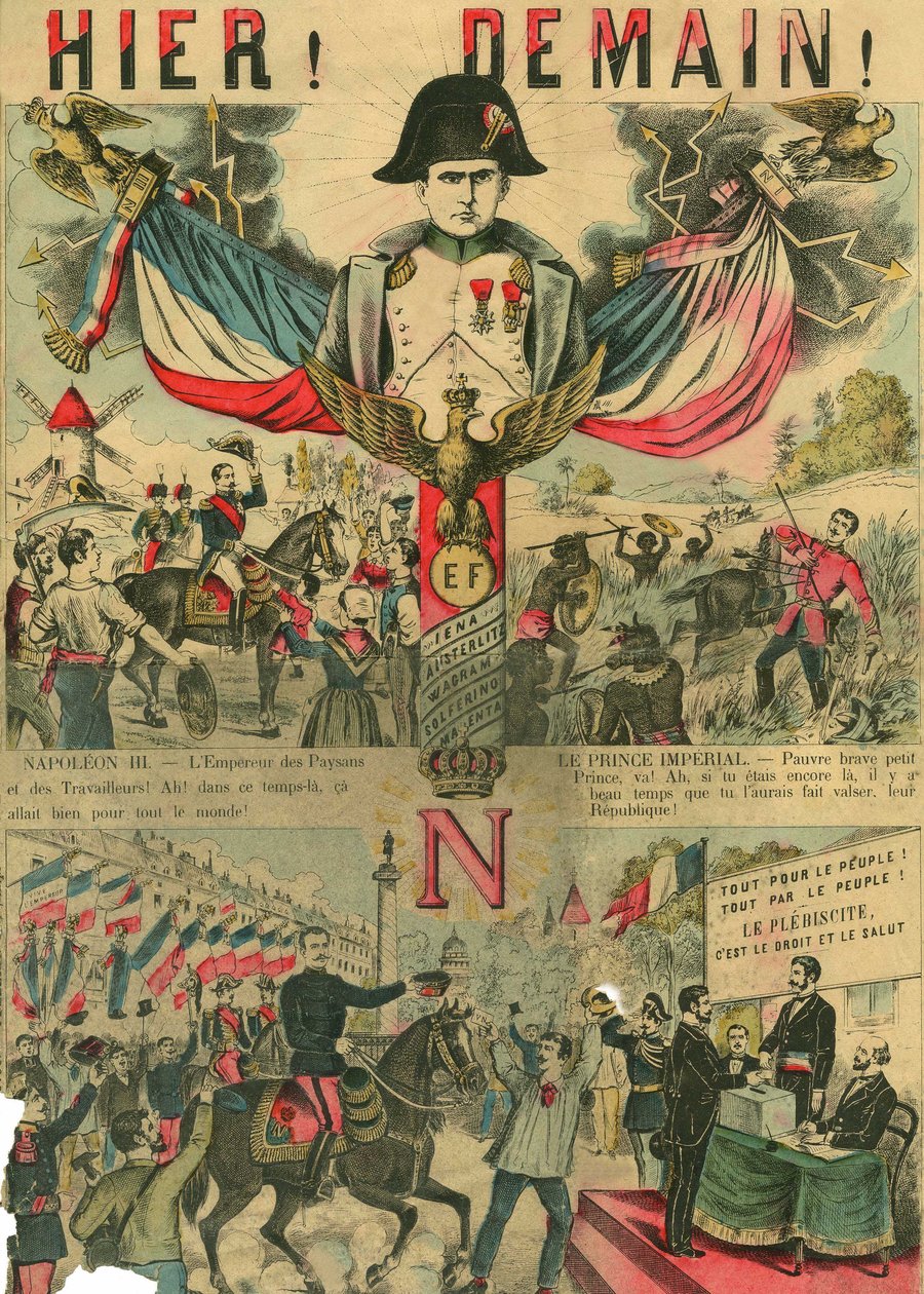 Victor Napoleon (1862-1926) an der Spitze der Bonapartisten-Anhänger, der letzte Erbe Napoleons I. musste nach einem Gesetz der Dritten Republik von 1886 ins Exil gehen. Stich, in „Le Figaro, Beilage“, am 30.03.1889, Paris. von French School