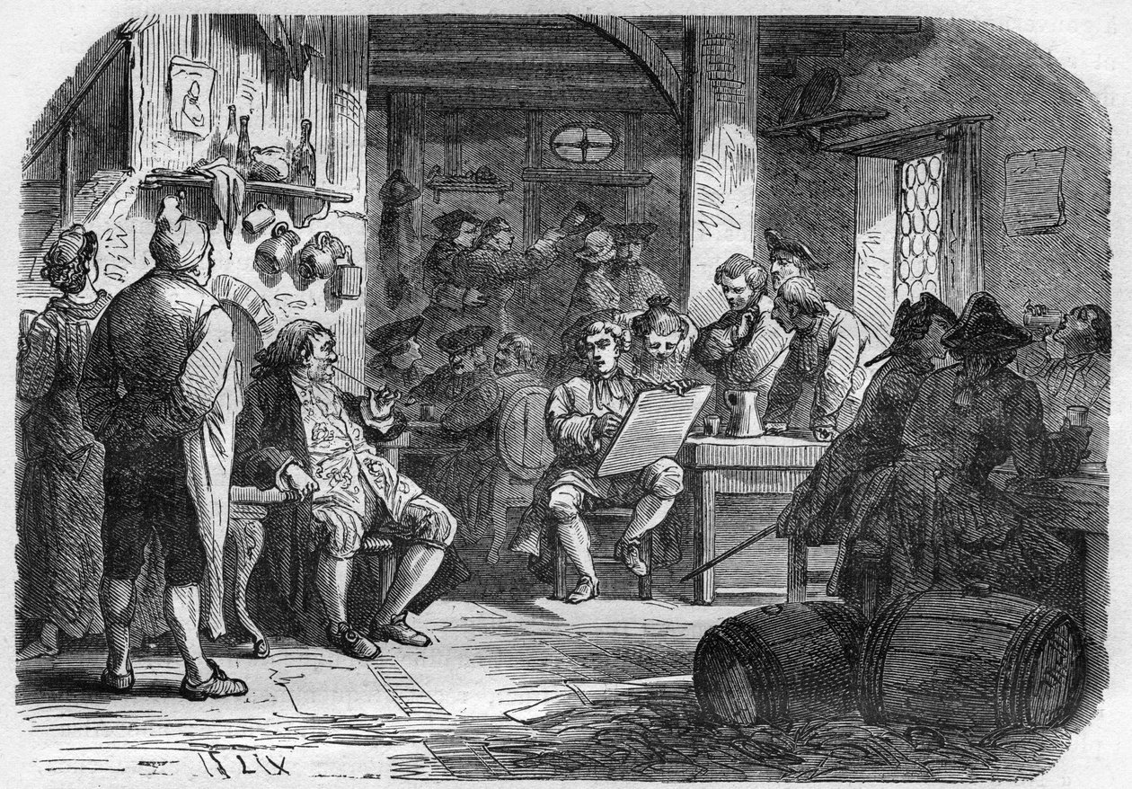 Ansicht des Cabaret des Porcherons in Paris. Gravur in „Die Geschichte der Prostitution und Ausschweifung unter allen Völkern der Welt von der Antike bis zur Gegenwart“ von Dr. Th. -F. Debray. 1879. von French School