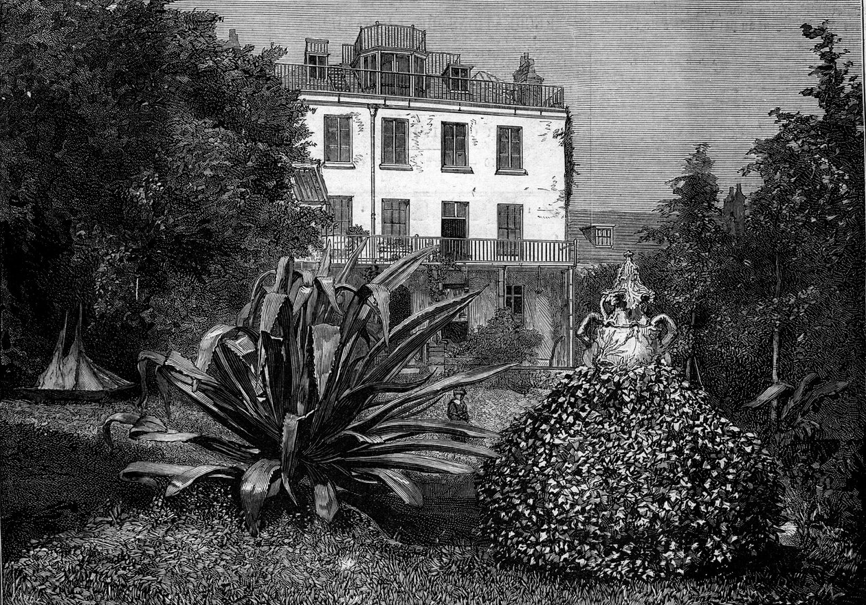 Blick auf Hauteville House (Hauteville-Haus), Residenz von Victor Hugo während seines Exils auf der Insel Guernsey. Gravur in „Die illustrierte Welt“ Nr. 1249 vom 5. März von French School