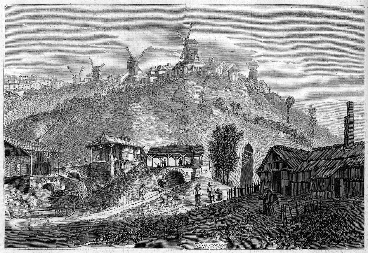 Ansicht von Montmartre im Jahr 1859, vor der Eingliederung in die Stadt Paris im Jahr 1860. Ansicht von der Ebene Saint Denis. Gravur in „Le Monde Illustré“ Nr. 141 vom 24. Dezember 1859. von French School