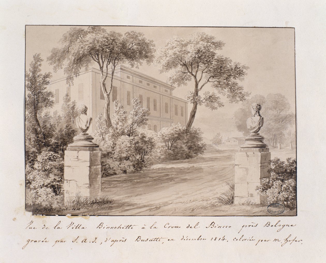 Ansicht der Villa Bianchetti in Croce del Biacco bei Bologna, graviert von S.A.I. nach Busatti, koloriert von M. Hofer, Dezember 1814 (kolorierte Gravur) von French School