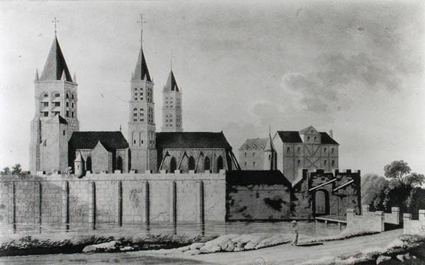 Ansicht der Abtei Saint-Germain-des-Prés zu Beginn des 15. Jahrhunderts (Lithographie) (s/w Foto) von French School