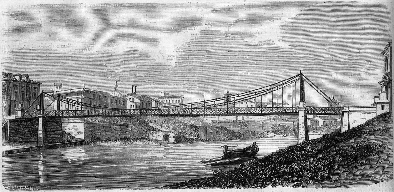 Ansicht der Sankt-Johannes-Brücke über den Tiber (Tevere) in Italien, eingeweiht 1863. Diese Stahlbrücke wurde von Alphonse Oudry (1819-1869) entworfen. Gravur in „Le Monde Illustré“ Nr. 349 vom 19. Dezember 1863. von French School